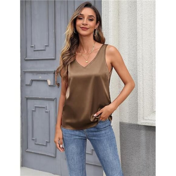 Women Satin Tank Tops V Neck Brown - Picture 2 of 4